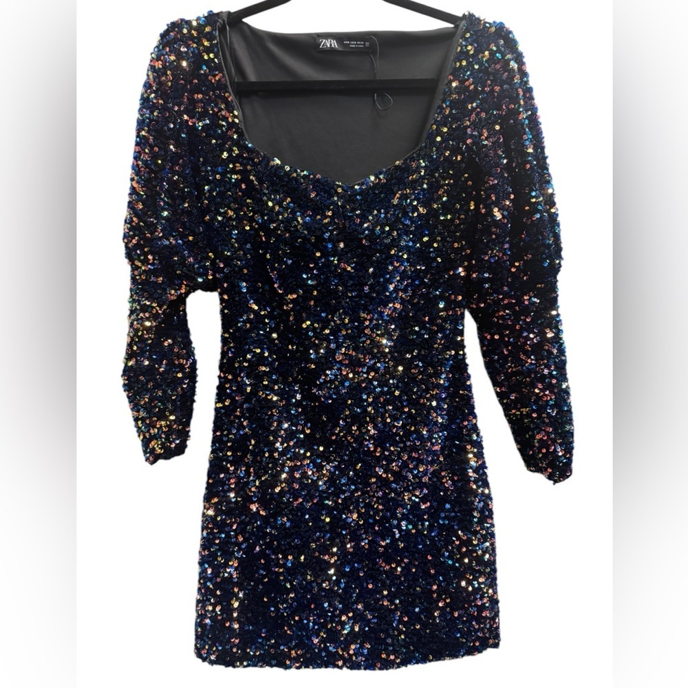 ZARA Sequined Party Bodycon Mini Dress Multicolor Glam Sexy Party Sparkly SZ SM - Picture 4 of 17